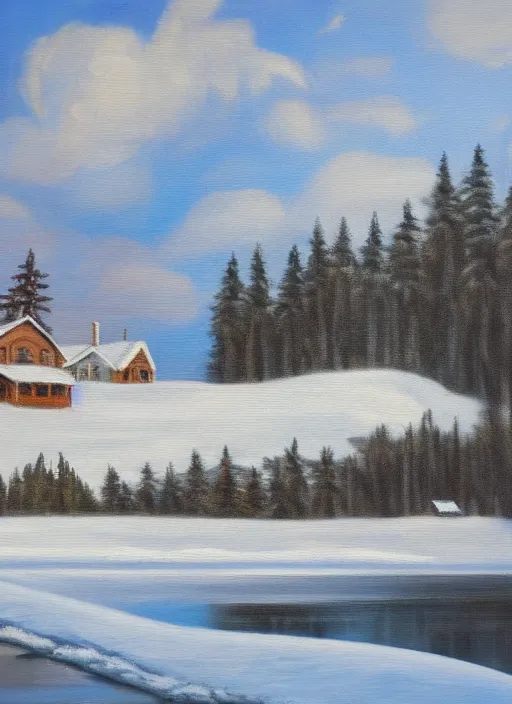 Prompt: an oil painting of a lake house in winter