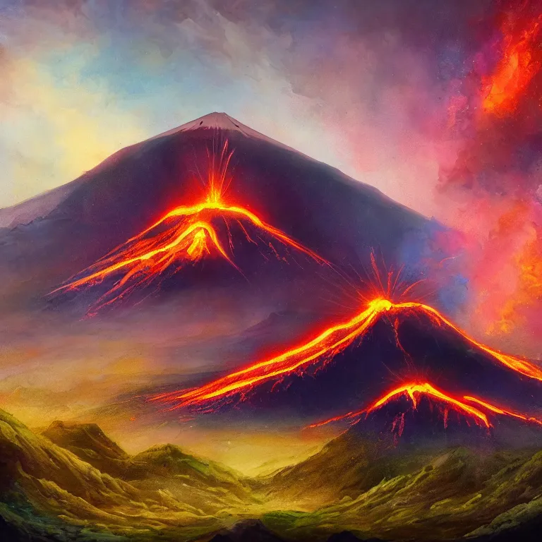 Image similar to a painting of a volcano from which come out flowers and stars exotic plants, all this happens in some kind of fantasy world, almost like in the sky or all in the amazing outdoors view, long exposure, 8 k resolution, trending on artstation