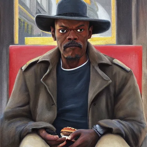 Image similar to highly detailed portrait painting of young samuel l jackson eating burger sitting on bench near moscow kremlin, balalaika, perfect symmetrical eyes, by eddie mendoza and tyler edlin, 8 k resolution