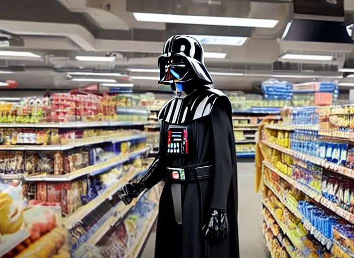 Prompt: film still of Darth Vader working as a cashier at a grocery store in the new Star Wars movie, 4k