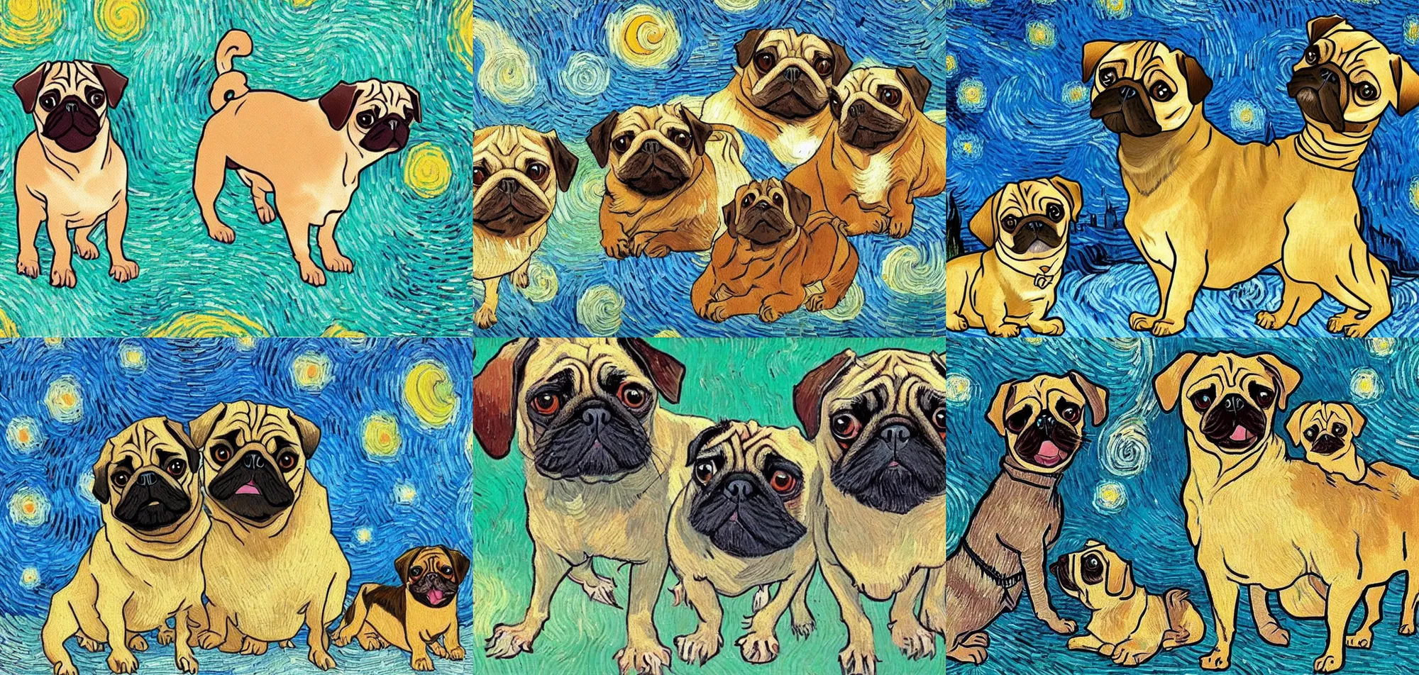 Prompt: a lovely pug and a long haired dachshund in the style of Van Gogh