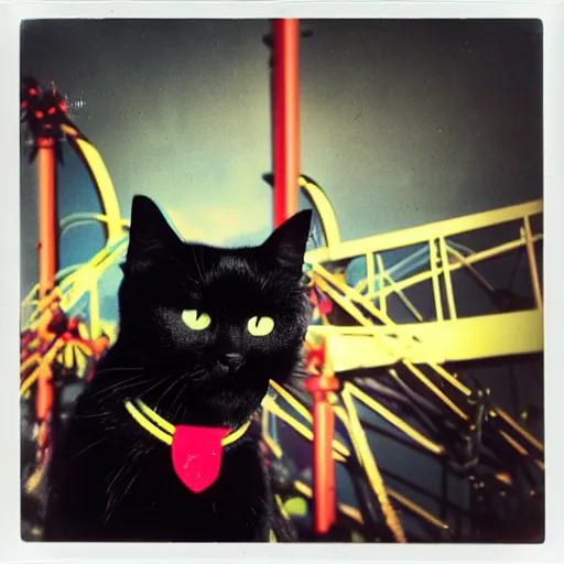 Image similar to happy black cat on a rollercoaster looping. focus on the cat. sunlight. polaroid photo. vivid colors.