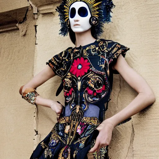 Image similar to valentino resort ss 2 0 1 7 dress with ornate mask headpiece, model lounging by cybernetic ancient ruins