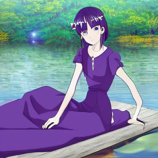 Image similar to elegant princess sitting by a lake, purple eyes, anime style, award winning art