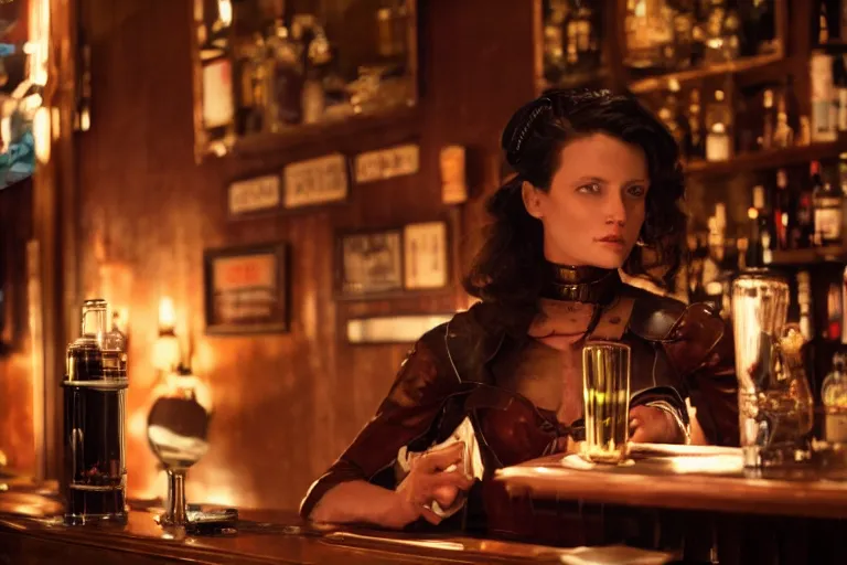 Prompt: cinematography of a beautiful cyborg woman in a vintage western bar alone asking for a drink by Neil Blomkamp