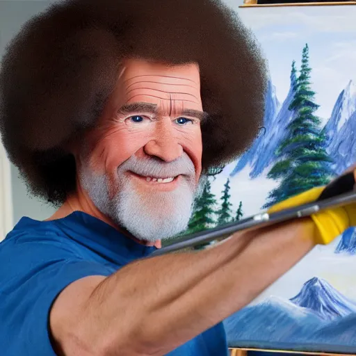 Image similar to a closeup photorealistic photograph of bob ross working on a canvas painting of wonder woman. film still. brightly lit scene. mountains and trees. this 4 k hd image is trending on artstation, featured on behance, well - rendered, extra crisp, features intricate detail, epic composition and the style of unreal engine.