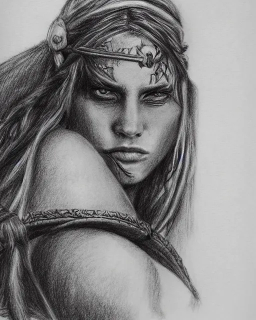 Image similar to A beautiful female warrior on a faded background of a pirate ship and a deserted island, realism pencil drawing on white paper, bald lines