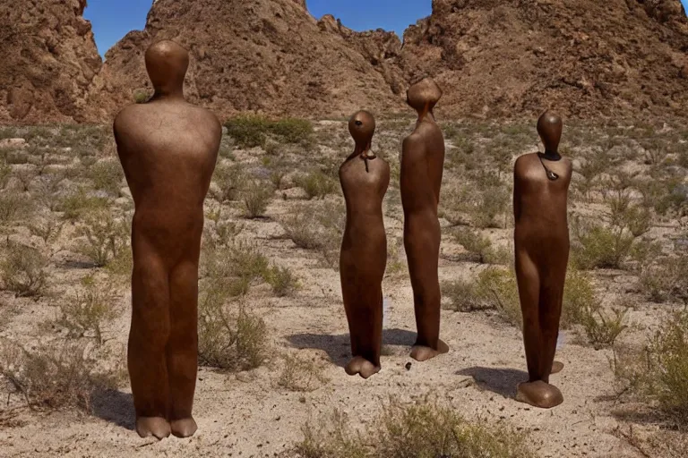 Image similar to surrealist sculpture figures by max ernst in a california desert landscape