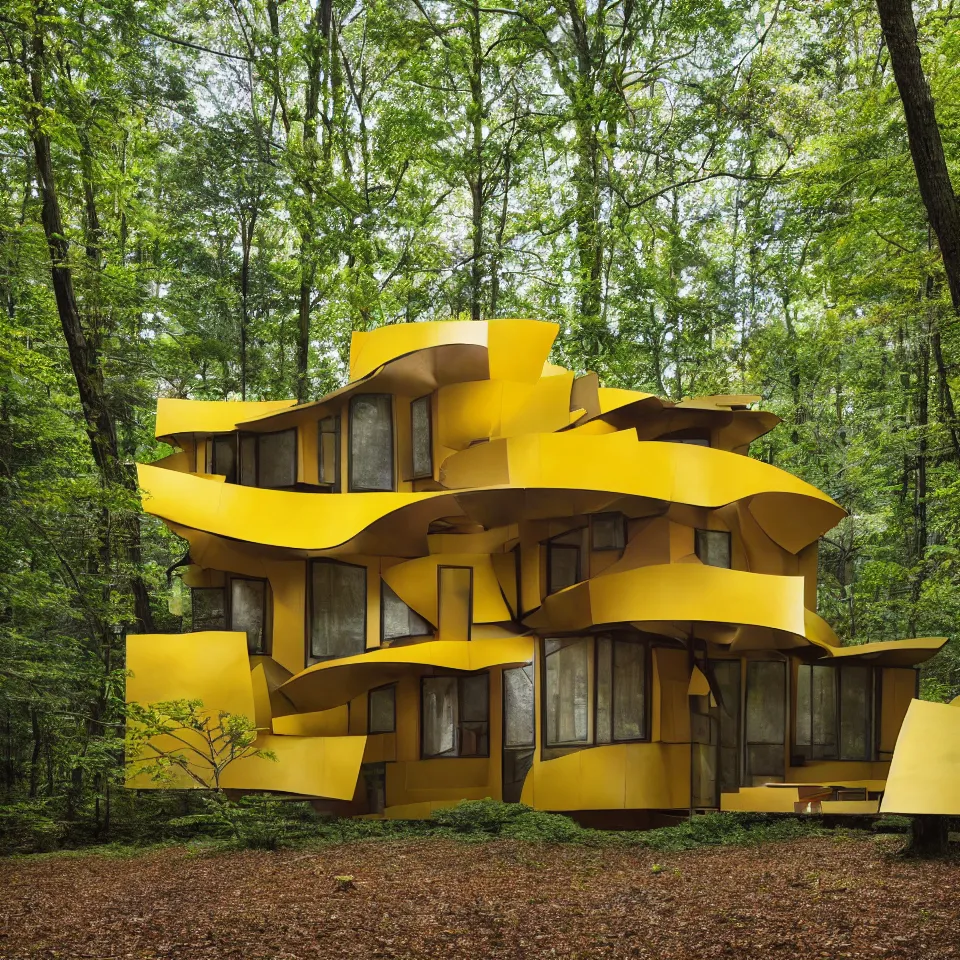 Prompt: architecture ad for a mid-century modern house in the middle of the forrest, designed by Frank Gehry. Film grain, cinematic, colorized, yellow hue