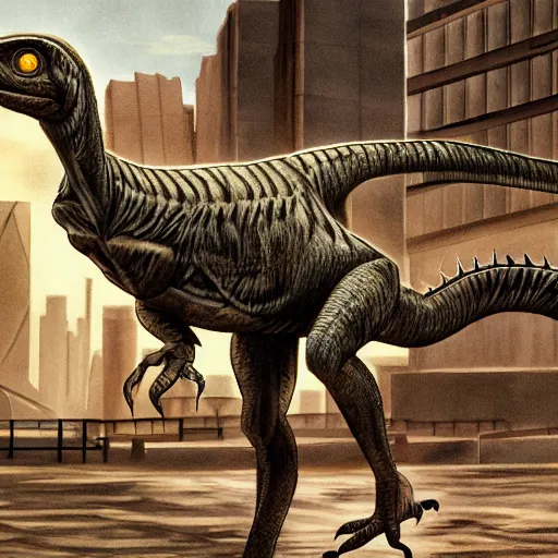 Image similar to An artwork of a velociraptor in a dystopian city, paleo art, brutalism