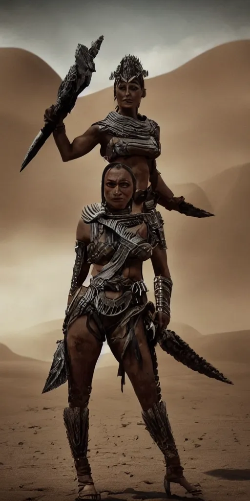 Image similar to solo ancient tribewoman standing against army, partially destroyed armor inspired monster hunter,back camera, muscular, symmetrical face, clean face, subtle make up, dramatic lighting, cinematic, establishing shot, extremely high detail, photorealistic, 300 the movie,monster hunter the movie, dune the movie, cinematic lighting, artstation, octane render, western,old photo, vintage, dust and destruction happening around her, freeze time