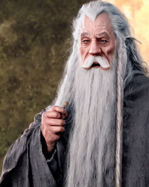 Prompt: Candid photo of Hide the Pain Harold dressed as Gandalf the Grey, with ruined Isengard in the background
