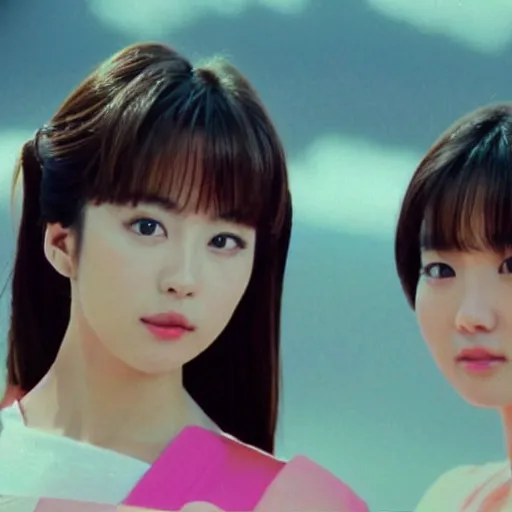 Image similar to 1990s, unbelievably beautiful, perfect, dynamic, epic, cinematic 8K HD movie shot of two semi-close-up japanese beautiful cute young J-Pop idols actresses girls, they express joy and posing together. By a Chinese movie director. Motion, VFX, Inspirational arthouse, high budget, hollywood style, at Behance, at Netflix, with Instagram filters, Photoshop, Adobe Lightroom, Adobe After Effects, taken with polaroid kodak portra