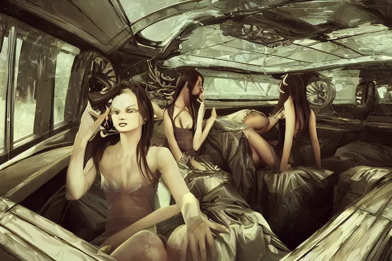 Image similar to several beautiful women in the interior of a cynerpunk limousine, by BROM, by Greg Rutkowski, 3d scene, render, ultra realistic, artstation, cgsociety, level design, unreal engine, 3d scene, zenith view