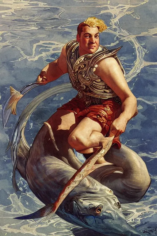 Prompt: High detailed painting of James Gandolfini as Neptune riding a giant fish by J. C. Leyendecker