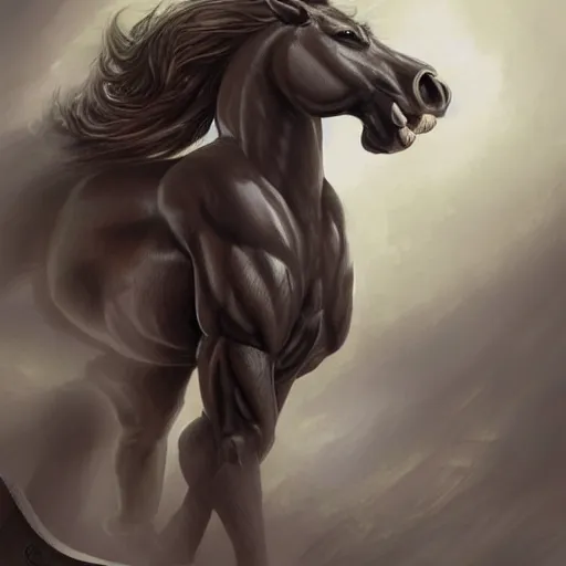 Prompt: an exaggeratedly muscular anthropomorphized horse with a magnificently muscular physique wearing a combat uniform standing in a facility, long white mane, proportionally enormous arms, equine, anthro art, furaffinity, highly detailed, digital painting, artstation, concept art, illustration, art by artgerm, greg rutkowski, ruan jia