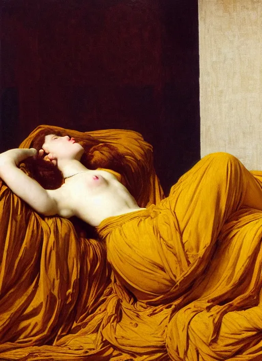 Prompt: masterpiece portrait of lady reclining on spilling flowing bed wearing yellow ochre ornate medieval dress, vertical, foreshortening, colour photography by frederic leighton, william morris, 8 k