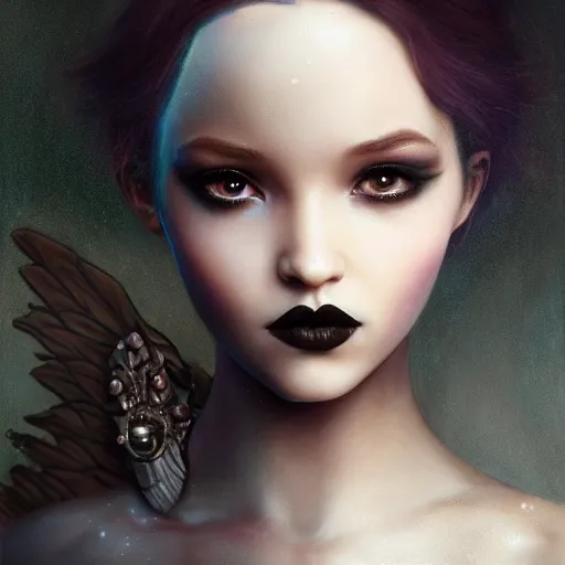 Prompt: tom bagshaw, very beautiful genetic mix of dove cameron madison beer bella poarch in a gorgeous dark fantasy warrior armor, ornaments, gothic makeup, professionally retouched, focus eyes, ultra realistic soft painting, insanely detailed linework, partial symmetrical accurate intricate features, behance artstation, 8 k