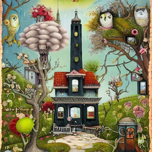 Image similar to a house with a tower, owl, birds, cheese, lowbrow in the style of mark ryden and daniel merriam,