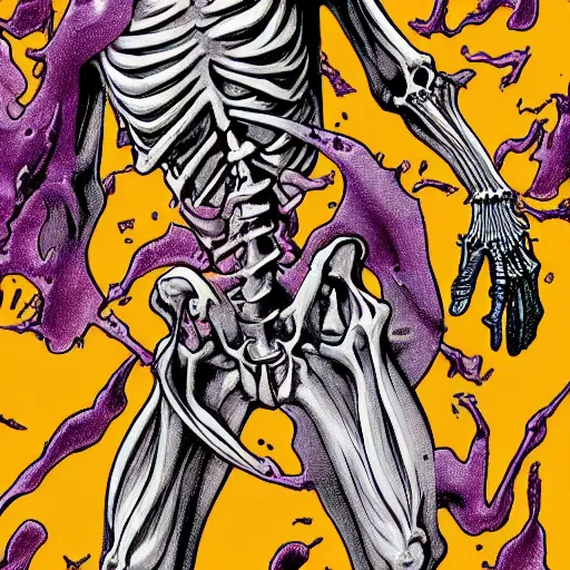 Prompt: Exploding human skeleton, negative, particles flying outward, in the style of Dave Gibbons