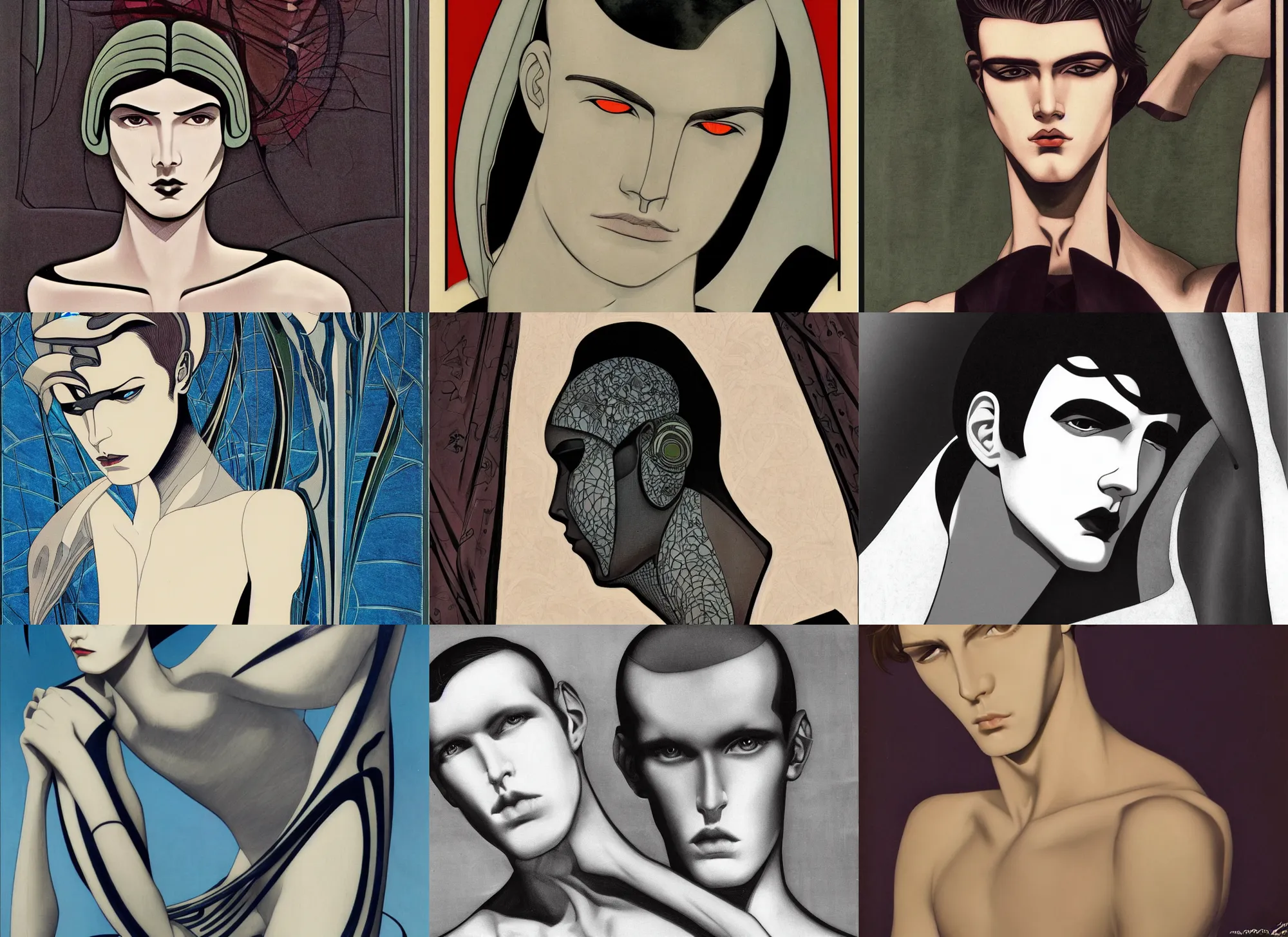 Prompt: art by H.R. Giger, Patrick Nagel, art deco, art nouveau, portrait of a beautiful young slender teen male fashion model, beautiful face, symmetrical face, fashion magazine photo, beautiful eyes, semi realistic anime, anime! 4k