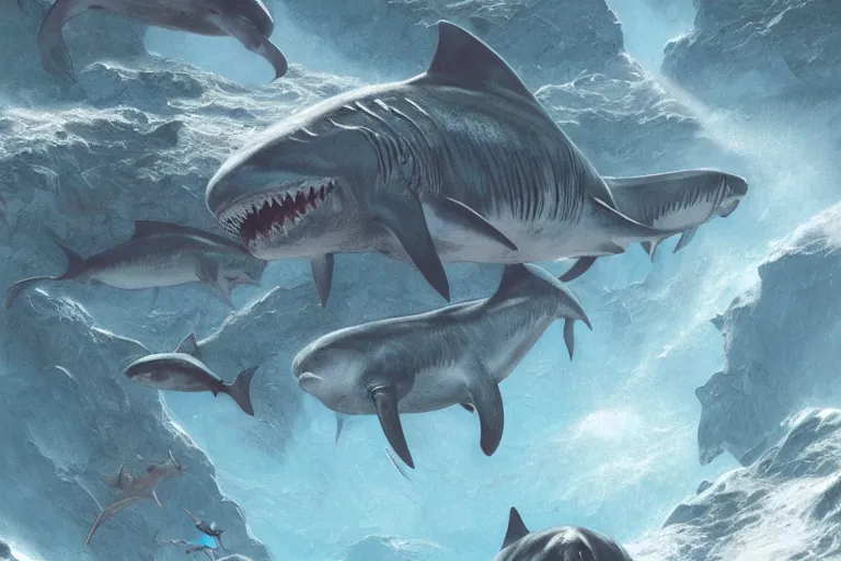 Prompt: a hyper detailed tarot card of a shiver of freaking sharks with freaking laser beams on their heads, floating just above a volcanic crevasse at the bottom of the ocean,, concept art, 8 k, artstation, art by greg rutkowski, pixiv