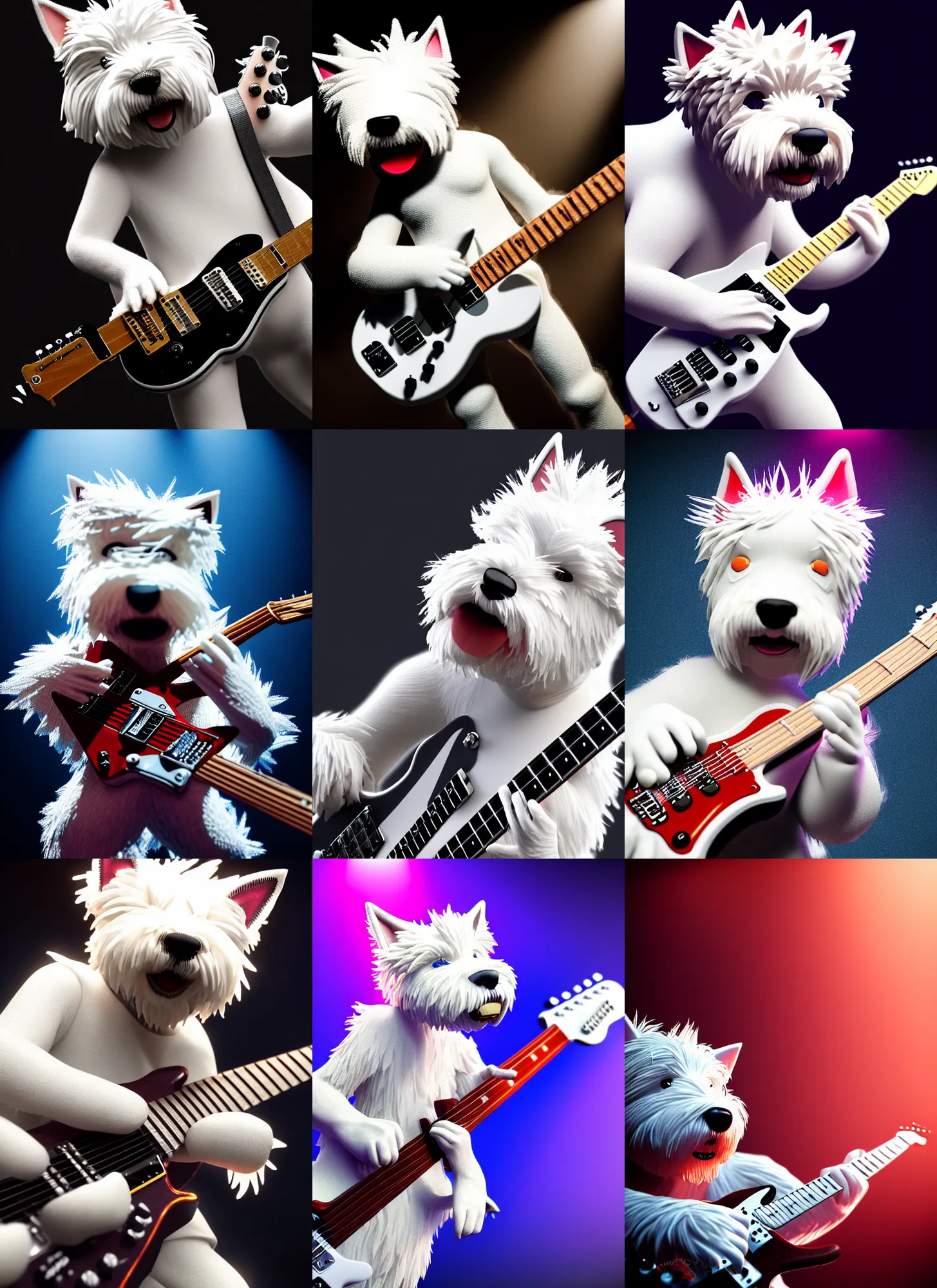 Prompt: a high detail shot of an Anthropomorphic west highland white terrier Guitarist, playing electric guitar, on rock concert stage, photorealism, sharp focus, volumetric lighting, epic lighting, artstation, cgsociety, uhd