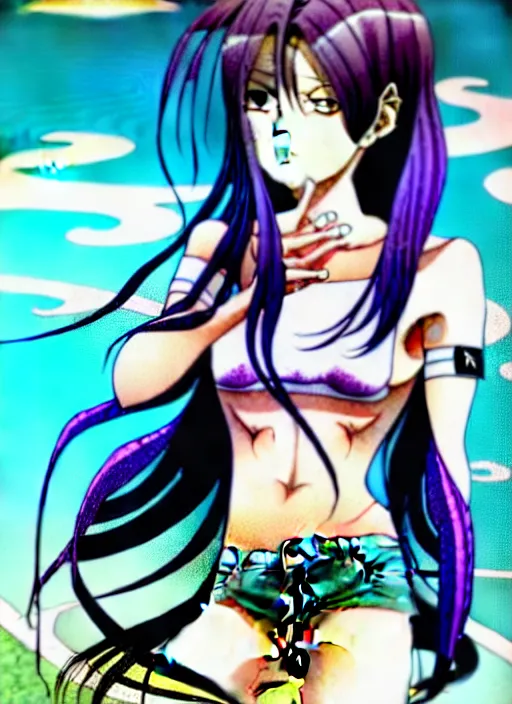 Image similar to style of madhouse studio anime, rei hiroe black lagoon manga, loish, artgerm, joshua middleton comic art, portrait of revy from black lagoon, purple hair, symmetrical eyes and symmetrical face, jean shorts, white tank top, waist up, sarcastic evil smirk on face, sky and ocean background