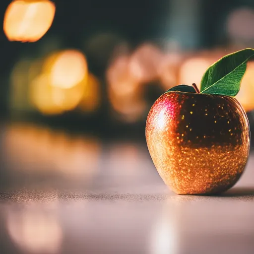 Prompt: high quality presentation photo of a golden apple, photography 4k, f1.8 anamorphic, bokeh, 4k, Canon, Nikon