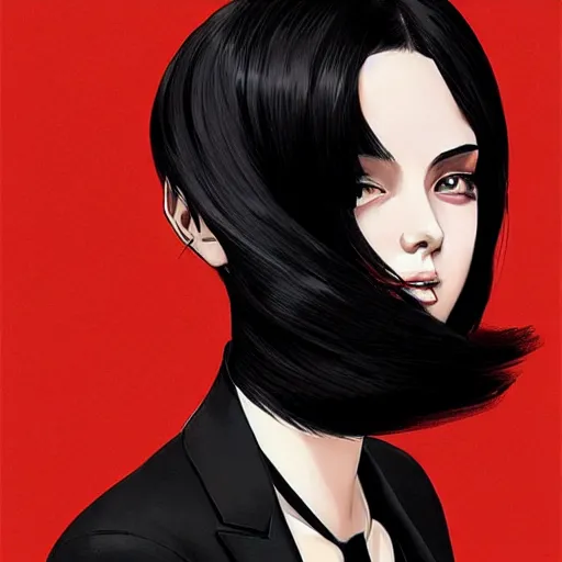 Image similar to girl in tuxedo with black chaotic wavy short haircut, elegant, 2d, ultra highly detailed, digital painting, smooth, sharp focus, artstation, art by Ilya Kuvshinov