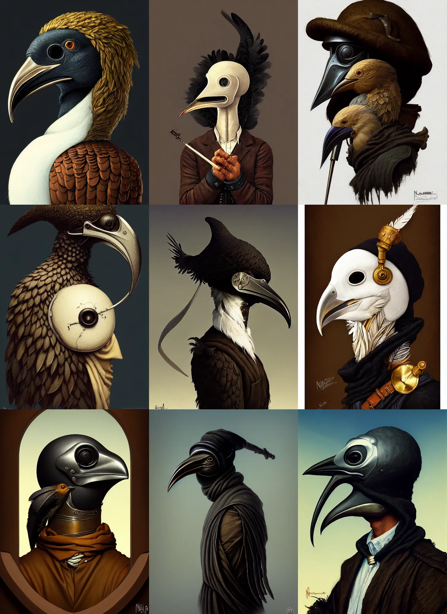 Prompt: rpg! profile!! portrait of humanoid bird on white background, beak, feathers, plague doctor, intricate, highly detailed, digital painting, artstation, concept art, smooth, sharp focus, illustration, art by norman rockwell emiliano ponzi andrey remnev yoann lossel aaron jasinski, 8 k