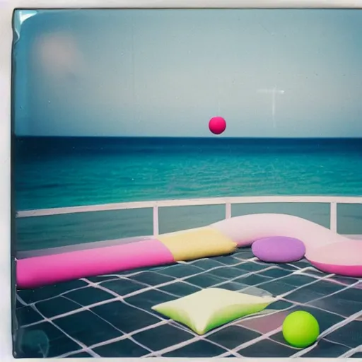 Prompt: a pastel colour high fidelity wide angle Polaroid art photo from a holiday album at a seaside with abstract inflatable parachute furniture, spheres and a DJ booth, all objects made of transparent iridescent Perspex and metallic silver, a grid of sun beds iridescence, nostalgic