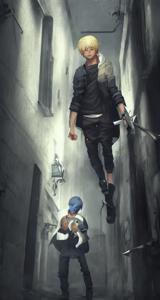 Image similar to A young blonde haired boy wearing thief clothes with daggers in an alleyway, epic fantasy, octane render, high detail, photorealistic, High details,4k, anime style