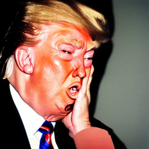 Prompt: 35mm photo of trump, crying, tantrum, moist, greasy, creepy, shiny