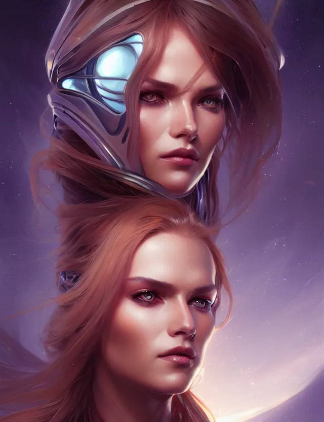 Image similar to futuristic woman portrait, sci-fi, amber eyes, face, long hair, fantasy, intricate, elegant, highly detailed, digital painting, artstation, concept art, smooth, sharp focus, illustration, art by artgerm and greg rutkowski and alphonse mucha