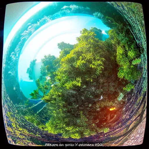Prompt: micro planet, forest and oceans, 360° fisheye, trending on artstation