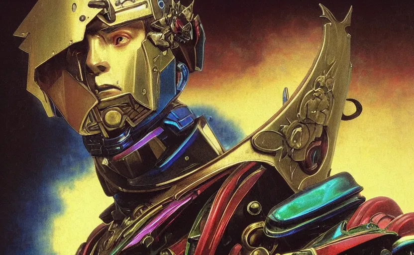 Prompt: a baroque neoclassicist close - up renaissance portrait of an iridescent 1 8 0 0 s gundam mecha king with glowing eyes. reflective detailed textures. glowing colorful fog, dark background. highly detailed fantasy science fiction painting by moebius, norman rockwell, frank frazetta, and syd mead. rich colors, high contrast. artstation