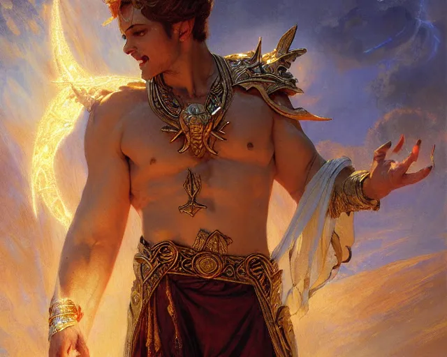 Image similar to attractive male deity, casting demonic magic, summoning handsome lucifer morning star. highly detailed painting by gaston bussiere, craig mullins, j. c. leyendecker 8 k