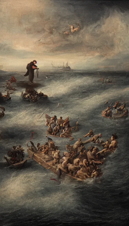 Prompt: man on boat crossing a body of water in hell with creatures in the water, sea of souls, by jesper esjing