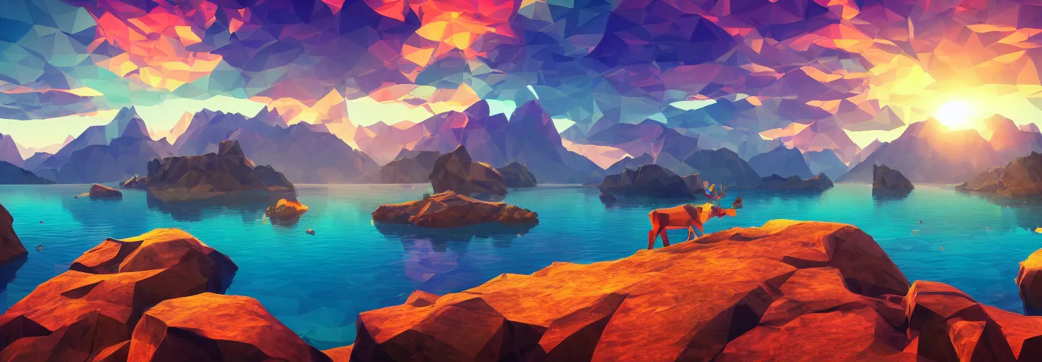 Image similar to super detailed color lowpoly art, northern sunset with rocks on front, lake in the middle of perspective and mountains at background, graphic reindeers in random points, unreal engine, retrowave color palette, 3d render, lowpoly, colorful, digital art