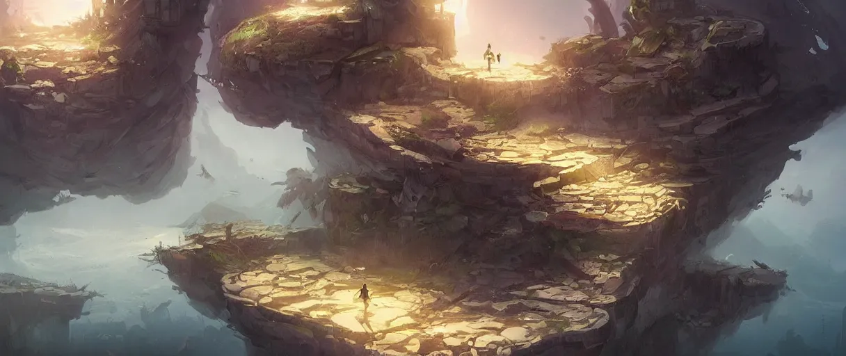 Image similar to floating islands in void concept art, low angle, cinematic, style of Jordan grimmer