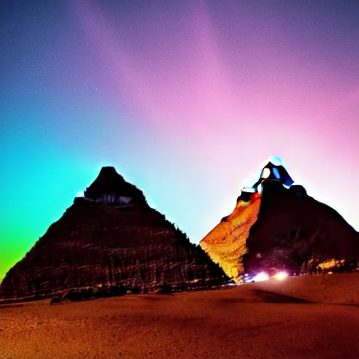 Prompt: pyramids of giza at night, neon lit