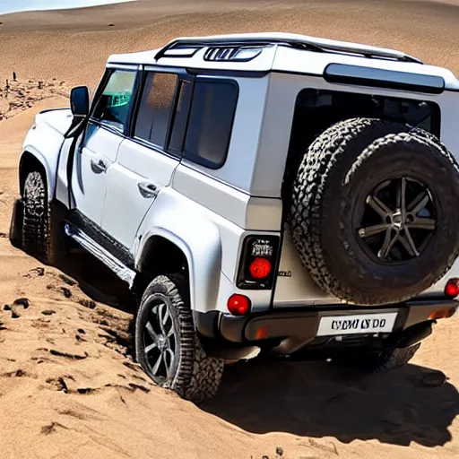 Prompt: white land cruiser crashed into back of black new defender on a sand dune