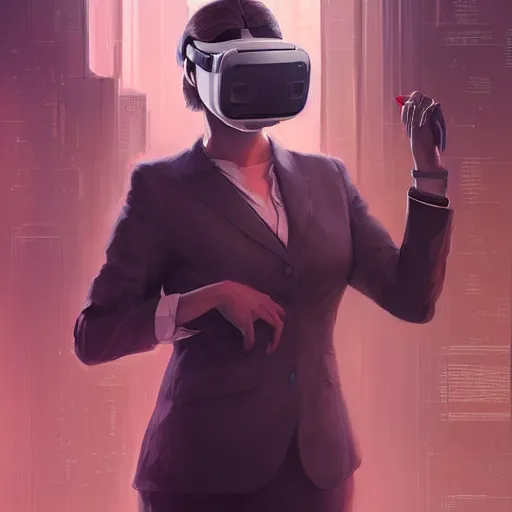 Prompt: Portrait of a woman by Greg Rutkowski, symmetrical face, a woman using a VR Headset covering her eyes, Kubric Stare, crooked and uncanny smile smile, she's wearing an office outfit, highly detailed portrait, scifi, digital painting, artstation, book cover, cyberpunk, concept art, smooth, sharp foccus ilustration, Artstation HQ