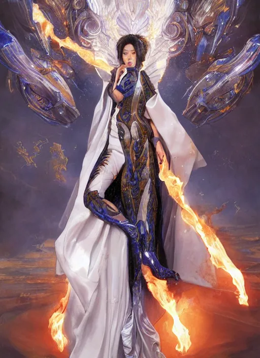 Prompt: portrait of ravishing Italian high-end expensive Goddess Suzu Hirose unleashing a devastating multiversal blazing fireball, wearing futuristic luxurious white and little royal blue suit, captivating, beautiful look, face anatomy, surreal and allegorical, octane render, art by Karol Bak, Karol bak pastiche by Peter Mohrbacher