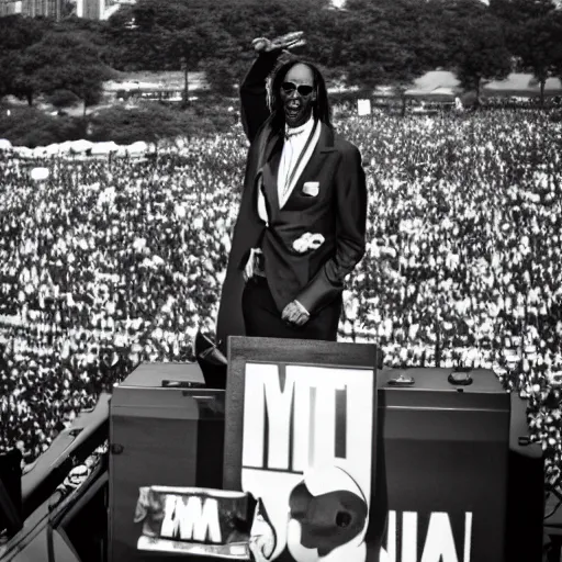 Image similar to vintage photograph of Snoop Dogg speaking at the Million Man March, Sigma 40mm, portrait, black and white