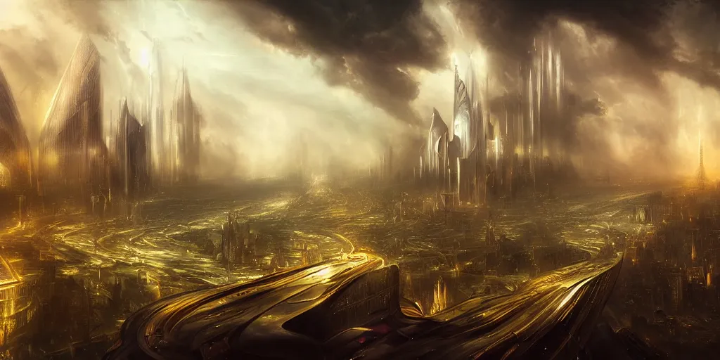 Prompt: vision of a future city, by Rolf Armstrong and Evelyn De Morgan and Bastien Lecouffe-Deharme, dramatic lighting, high contrast colors, baroque, empyrean, panoramic view, as trending on Artstation, highly detailed, doom engine,