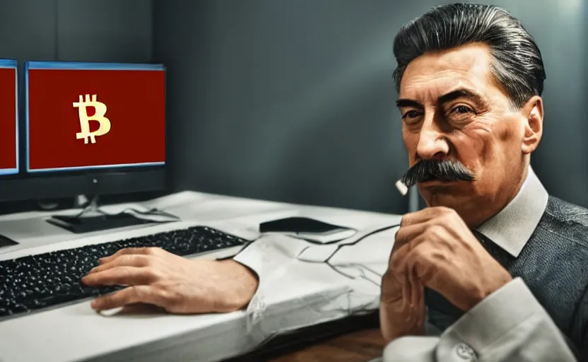 Image similar to angry josef stalin trading forex in front of computer trading bitcoin, clear detailed face, product lighting, studio photography dslr, golden ratio composition, instagram photo, luminar, fullhd stock photo