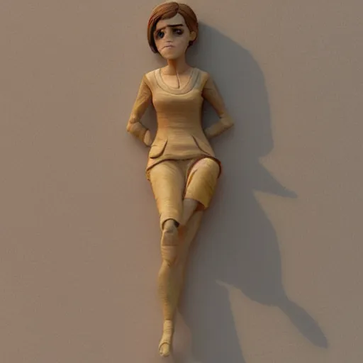 Image similar to wooden figurine of emma watson, blender, unreal engine, concept art, octane render, highly detailed, smooth, sharp focus