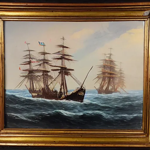 Prompt: 19th century oil painting of a german empire u-boot fighting the flying dutchman